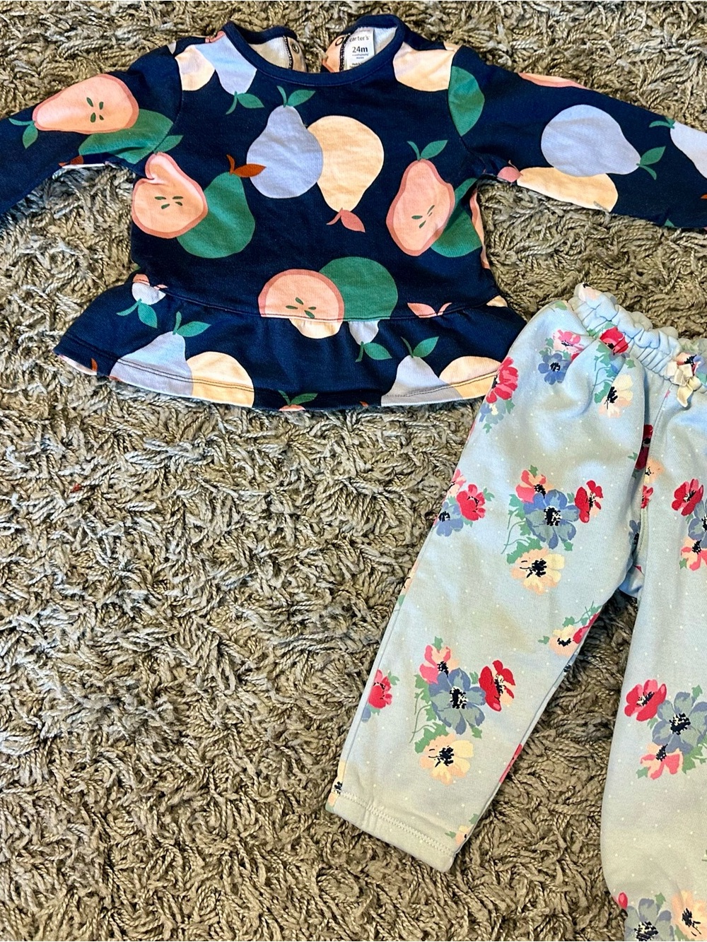 GAP Baby Blue Floral Elastic Waist Pants and Carter’s Navy Blue Shirt